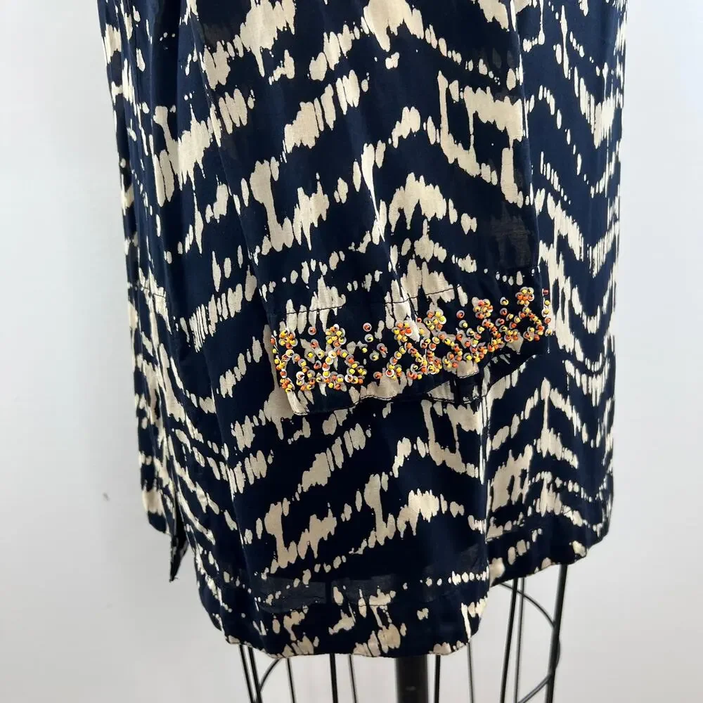 Soft Surroundings Navy Tan Split Embellished V-Neck Akira Tunic Size M ?
